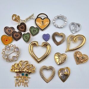 Vtg Heart Themed Brooch Pin Lot Rhinestone Enamel Mixed Styles Eras Materials